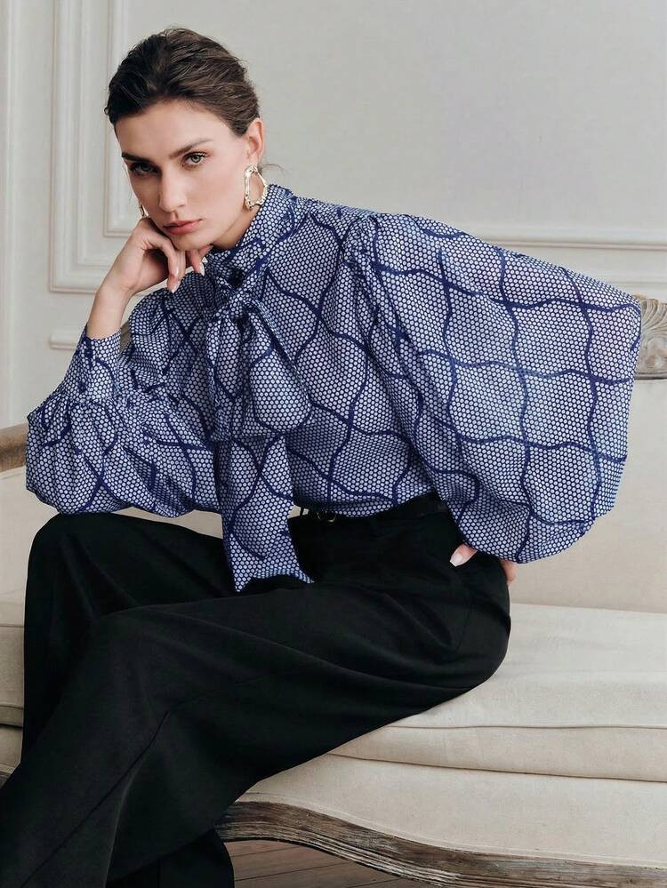 Anewsta Vintage Urban Chic Asymmetrical Geometric Polka Dot Print Long Sleeve Tie Bow Blouse For ... | SHEIN