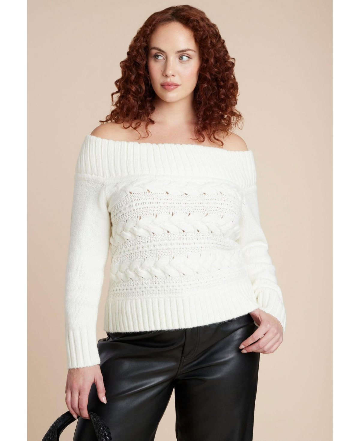 Eloquii Women's Off The Shoulder Cableknit Sweater - Ivory | Macy's