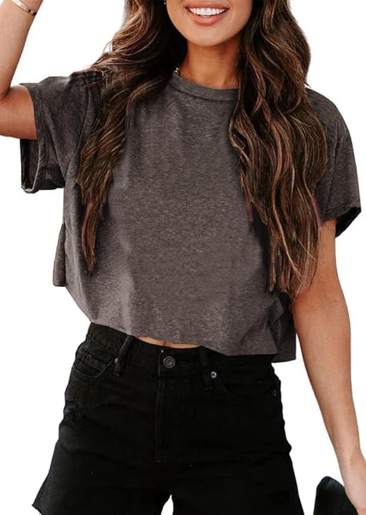 UNCLECAT Women's Cropped T Shirts Trendy Short Sleeve Crew Neck Crop Tops Solid Basic Tee | Amazon (US)