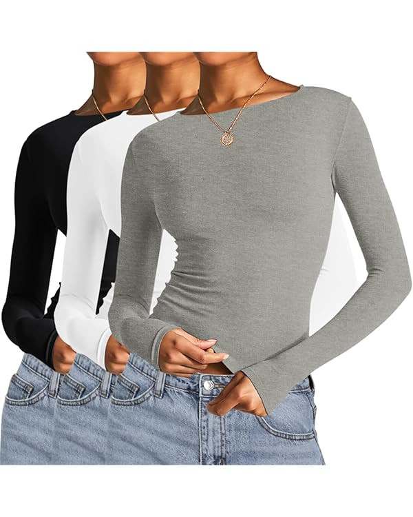 AKEWEI Long Sleeve Crop Tops for Women 2 Pack Fall Going Out Outfits Cute Tight Basic Tees Shirt | Amazon (US)