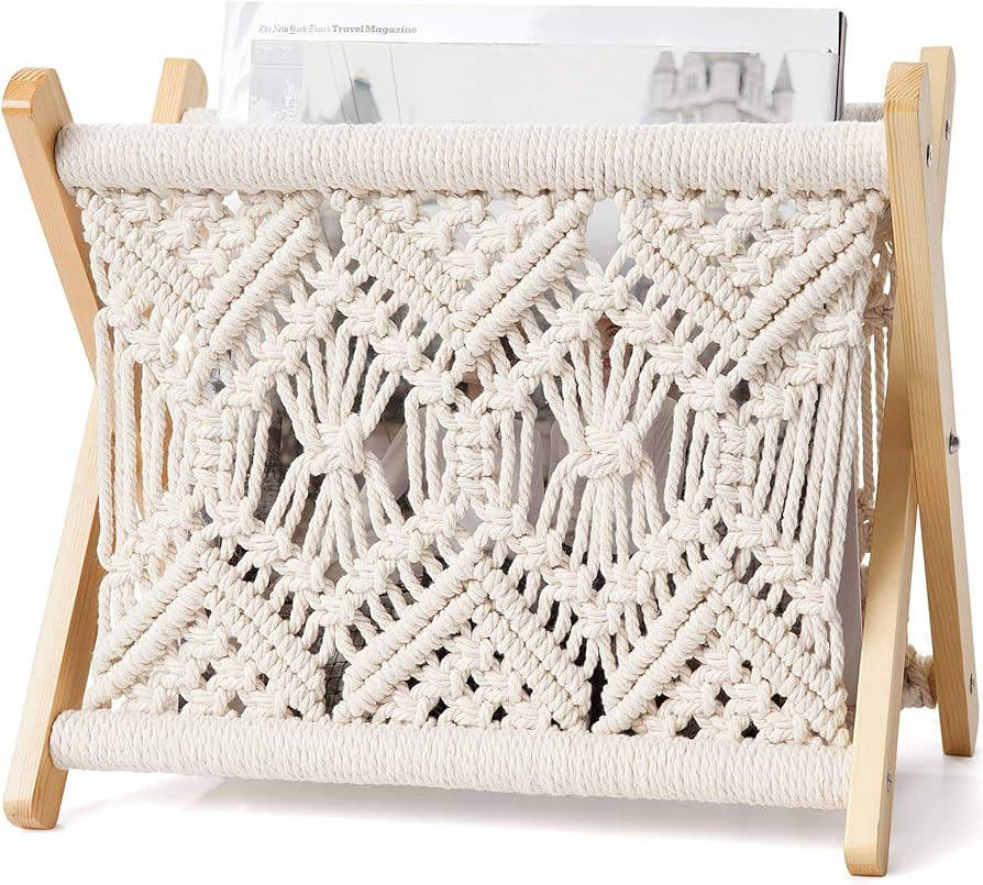 Mkono Macrame Magazine Rack Boho Storage Holder Standing Basket for Books, Newspapers, Swaddle Bl... | Amazon (US)