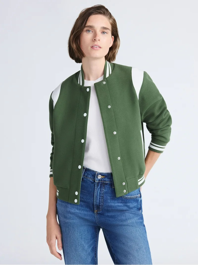 Free Assembly Women's and Women's Plus Faux Wool Varsity Jacket, Sizes XS-4X | Walmart (US)