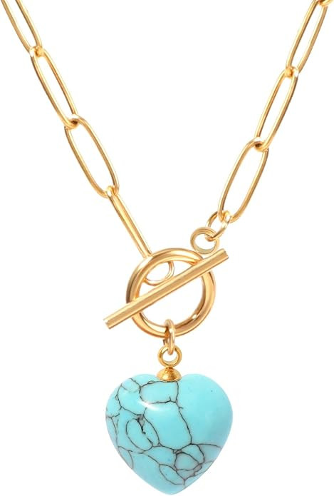 Dainty Emerald Cut Birthstone/Heart/Round/Moderate Teardrop Gemstone Paperclip Chain Toggle Neckl... | Amazon (US)