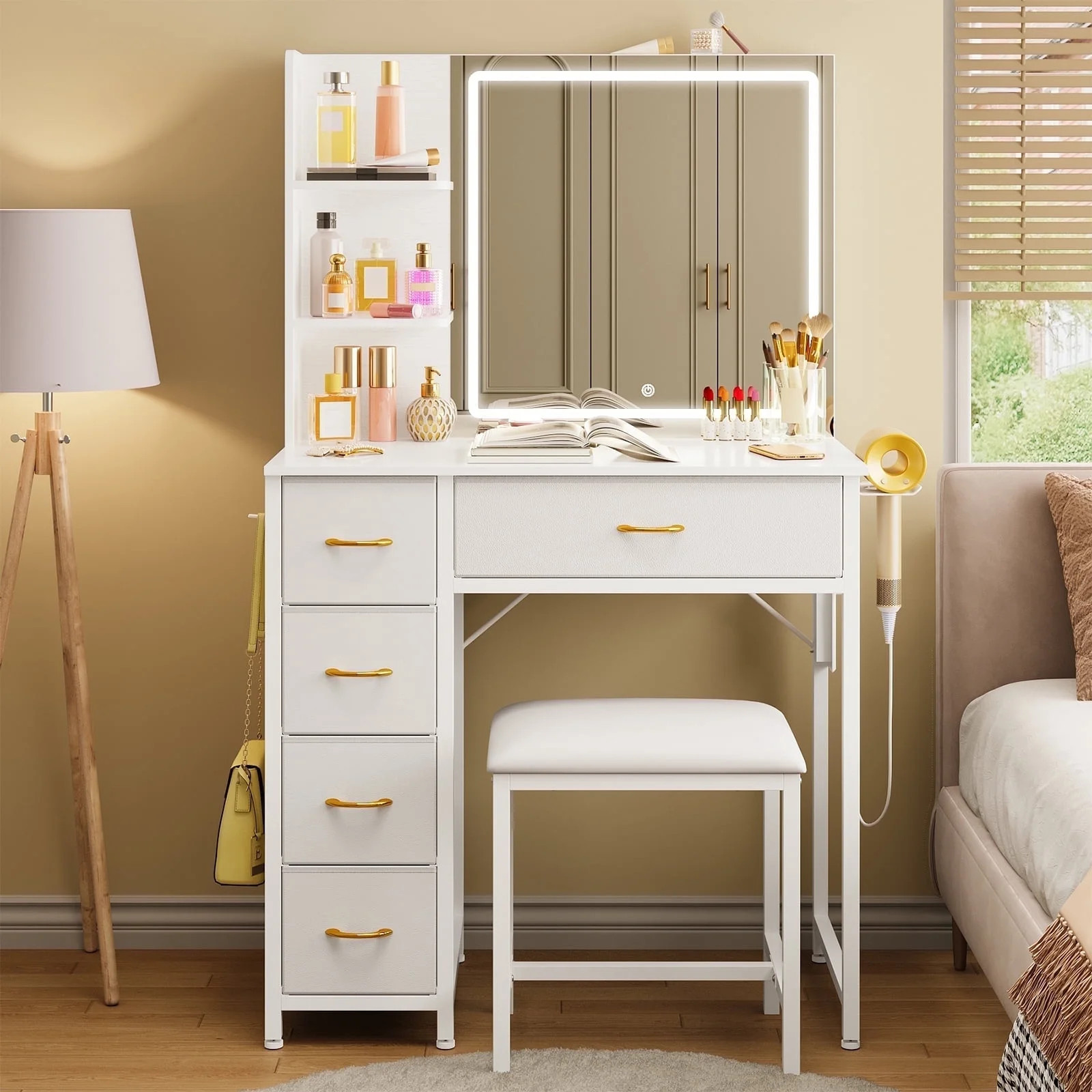 Fairy Vanity Desk Lighted Mirror 5 Drawers Power Outlet Side Hooks Hair Dryer Holder Stool Table Set White - Walmart.com | Walmart (US)
