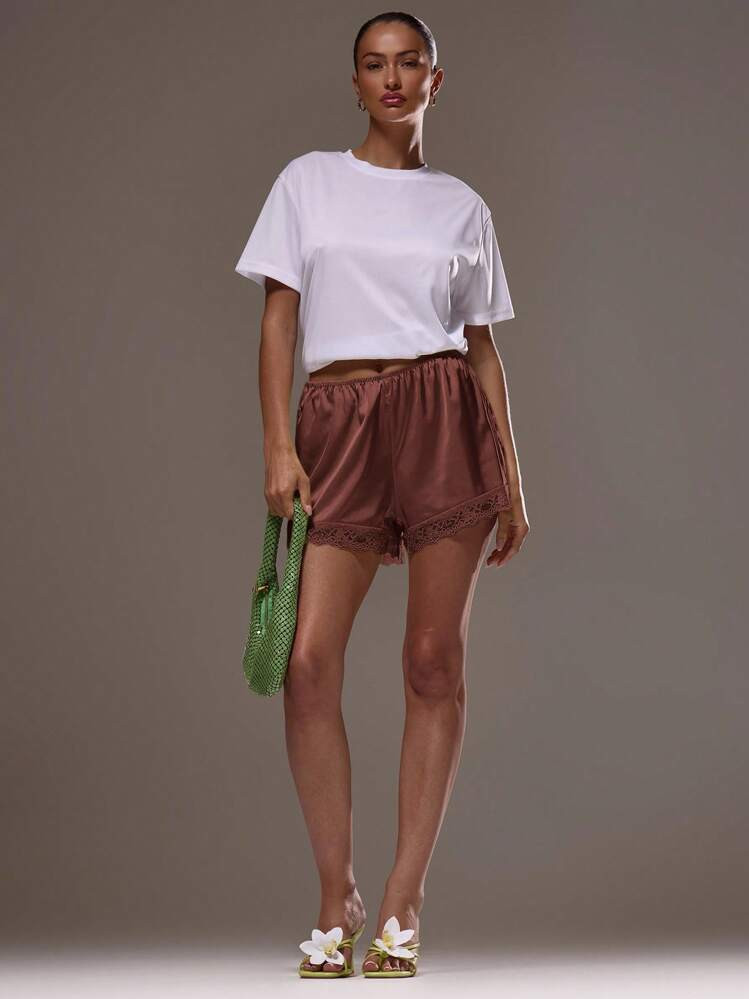 MUSERA Elasticated Satin Pull On Lace Trim Shorts Cute Summer Vacation Boho Summer Cute Spring Ho... | SHEIN