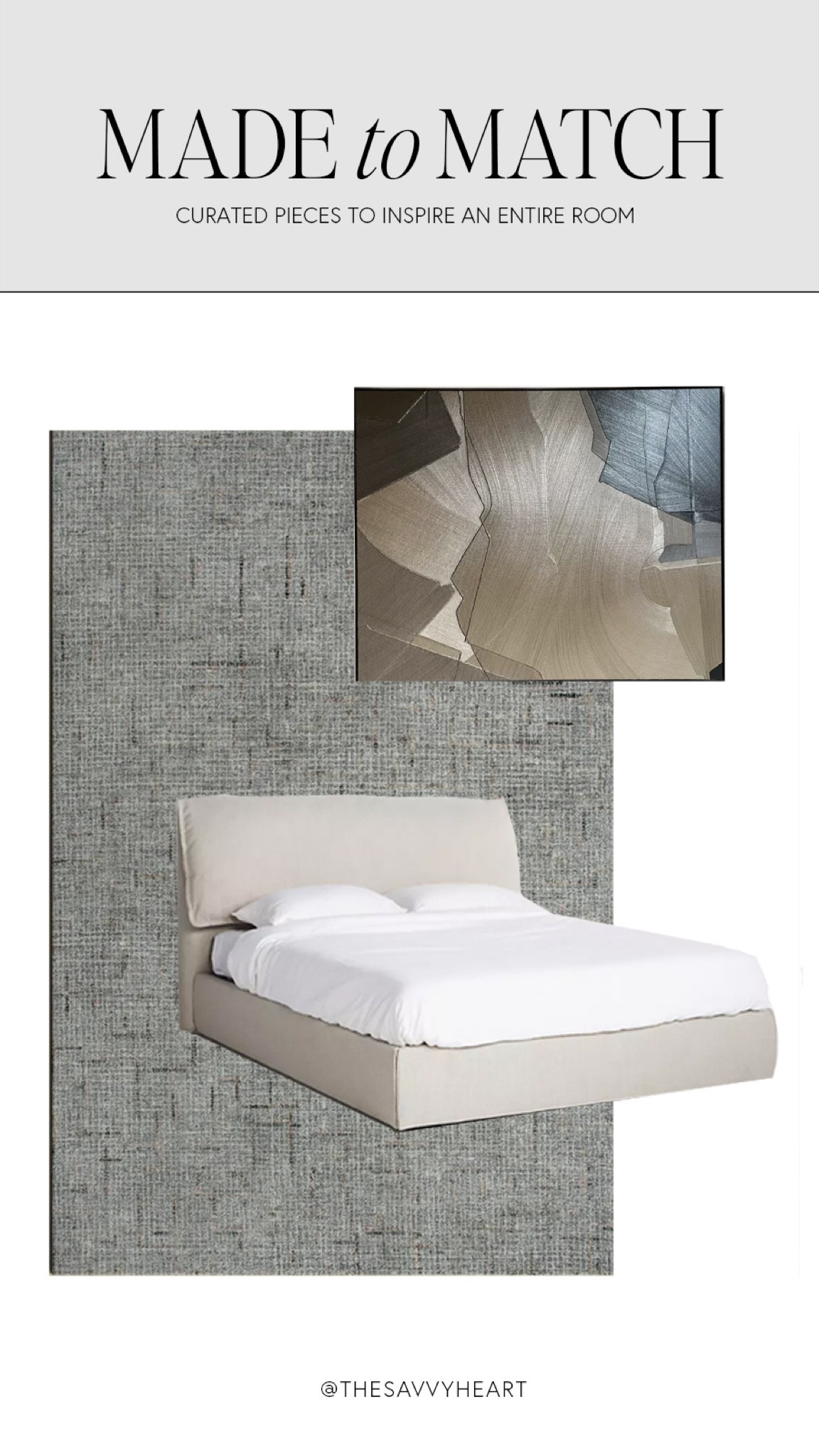 Contemporary and modern bedroom design with blues, greys, beige and cream. Upholstered platform bed and patterned rug to complement the artwork 

#LTKhome