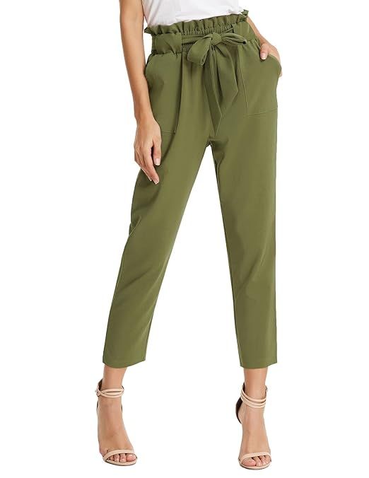 GRACE KARIN Women's Pants Trouser Slim Casual Cropped Paper Bag Waist Pants with Pockets | Amazon (US)