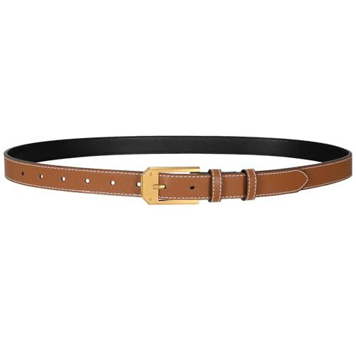 Women Skinny Leather Belt Thin Dress Belt for Women with Gold Buckle for Jeans Pants Ladies Thin Belt Vintage Fashion Waist Brown Belt width 0.9’’ | Amazon (US)