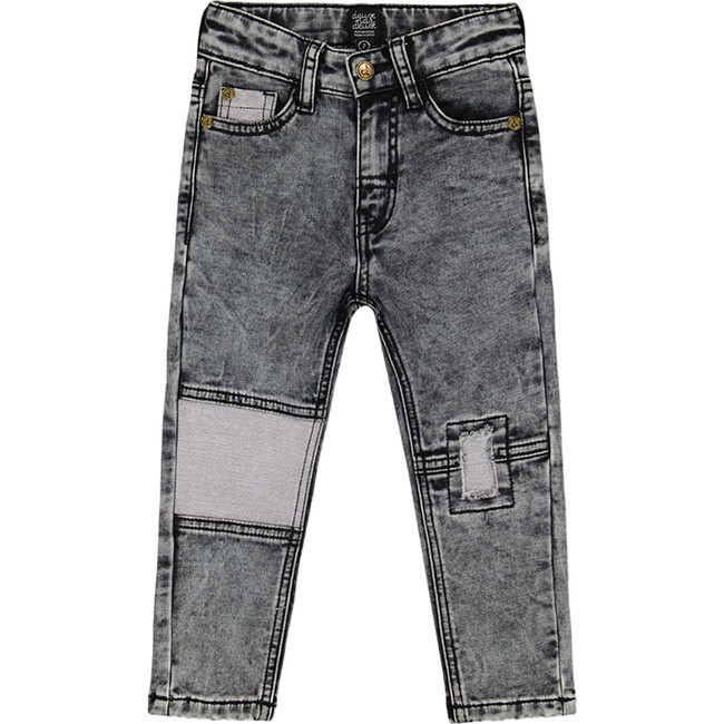 French Terry Pants With Contrasting Patch, Black Denim | Maisonette