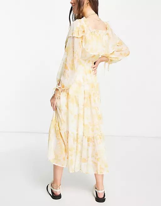 River Island floral print tiered bardot maxi dress in yellow | ASOS (Global)