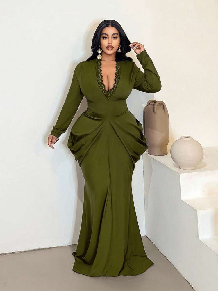 Maweii Sexy V-Neck Long Sleeve Waist Cinched Dress, Plus Size Formal Gown | SHEIN