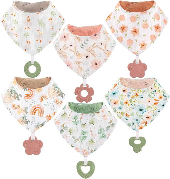 Baby Bandana Drool Bibs 6-Pack and Teething Toys 6-Pack Made with 100% Organic Cotton, Absorbent ... | Amazon (US)