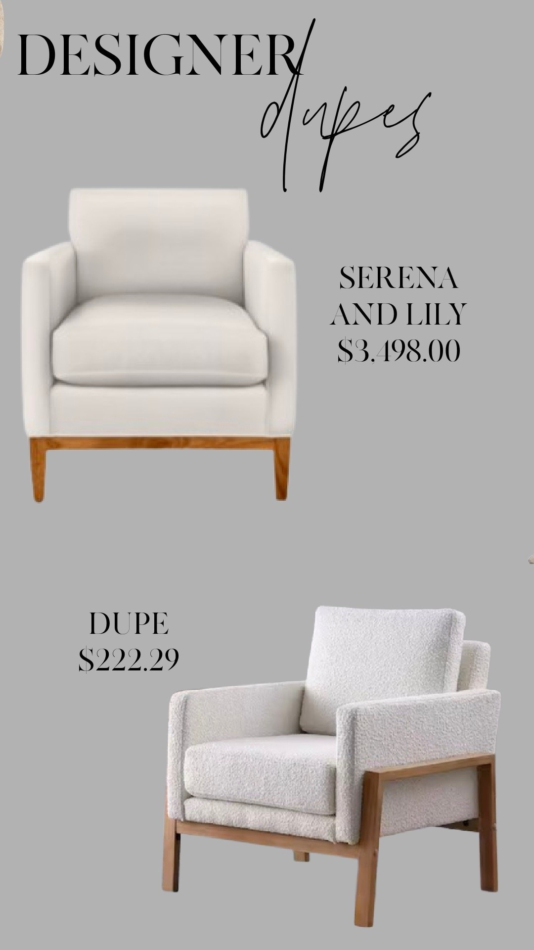 Designer style on a budget 🙌 This Serena & Lily chair retails for $3,498—but I found a stunning dupe for just $222.29 that gives the same elevated look for a fraction of the price. Tap to shop and save big on timeless style. #LTKhome #lookforless #designerdupes #neutralhome #moderncozy #budgetfriendlyfinds #LTKdupe #homeinterior #affordabledecor #serenaandlilydupe

#LTKHome #LTKSaleAlert