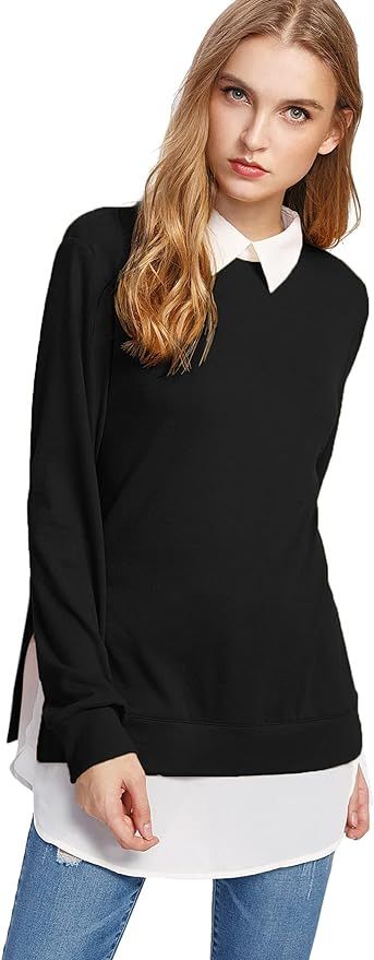 Romwe Women's Classic Collar Long Sleeve Curved Hem Pullover Sweatshirt | Amazon (US)