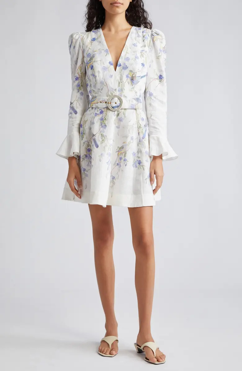 Natura Floral Belted Linen Minidress | Nordstrom