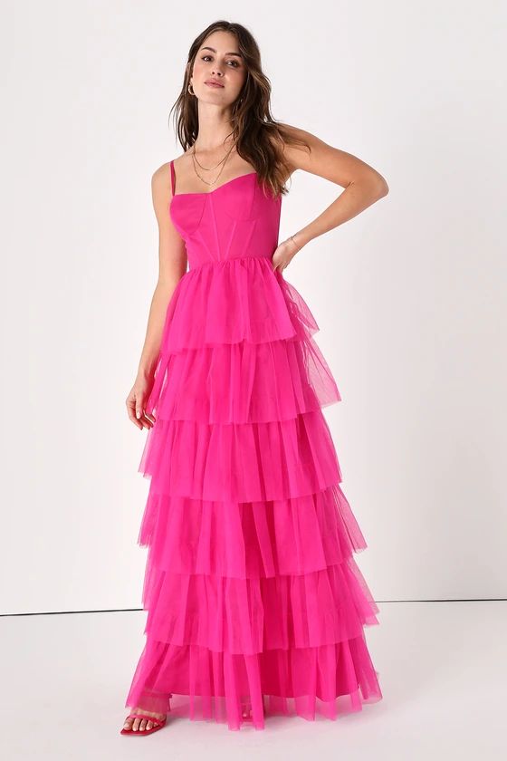 Rule the Runway Hot Pink Tulle Bustier Tiered Maxi Dress | Lulus (US)