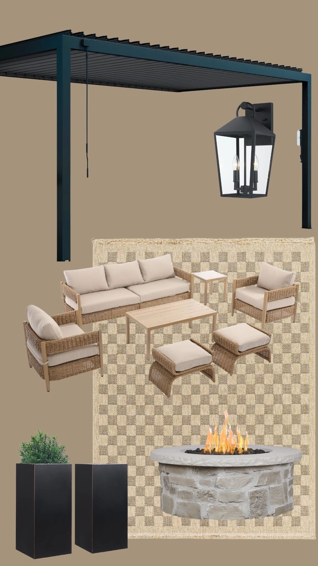 #ad Here’s what I’m thinking for the back deck! Metal planters with a cinderblock and concrete to make the post 8” taller (so the pergola can fit over my sliding door). Seating and a gas firepit. #wayfairpartner #wayfair @wayfair