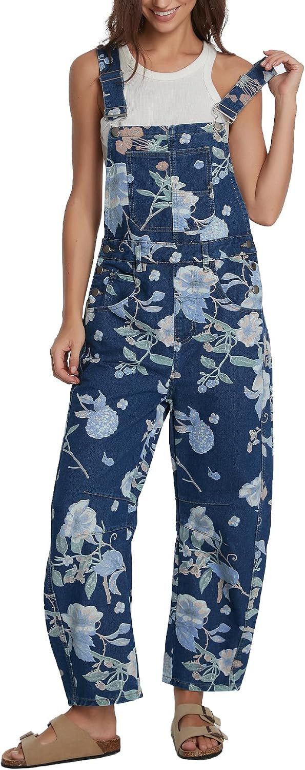 Womens Floral Denim Overalls Wide Leg Adjustable Strap Jean Bib Jumpsuit | Amazon (US)