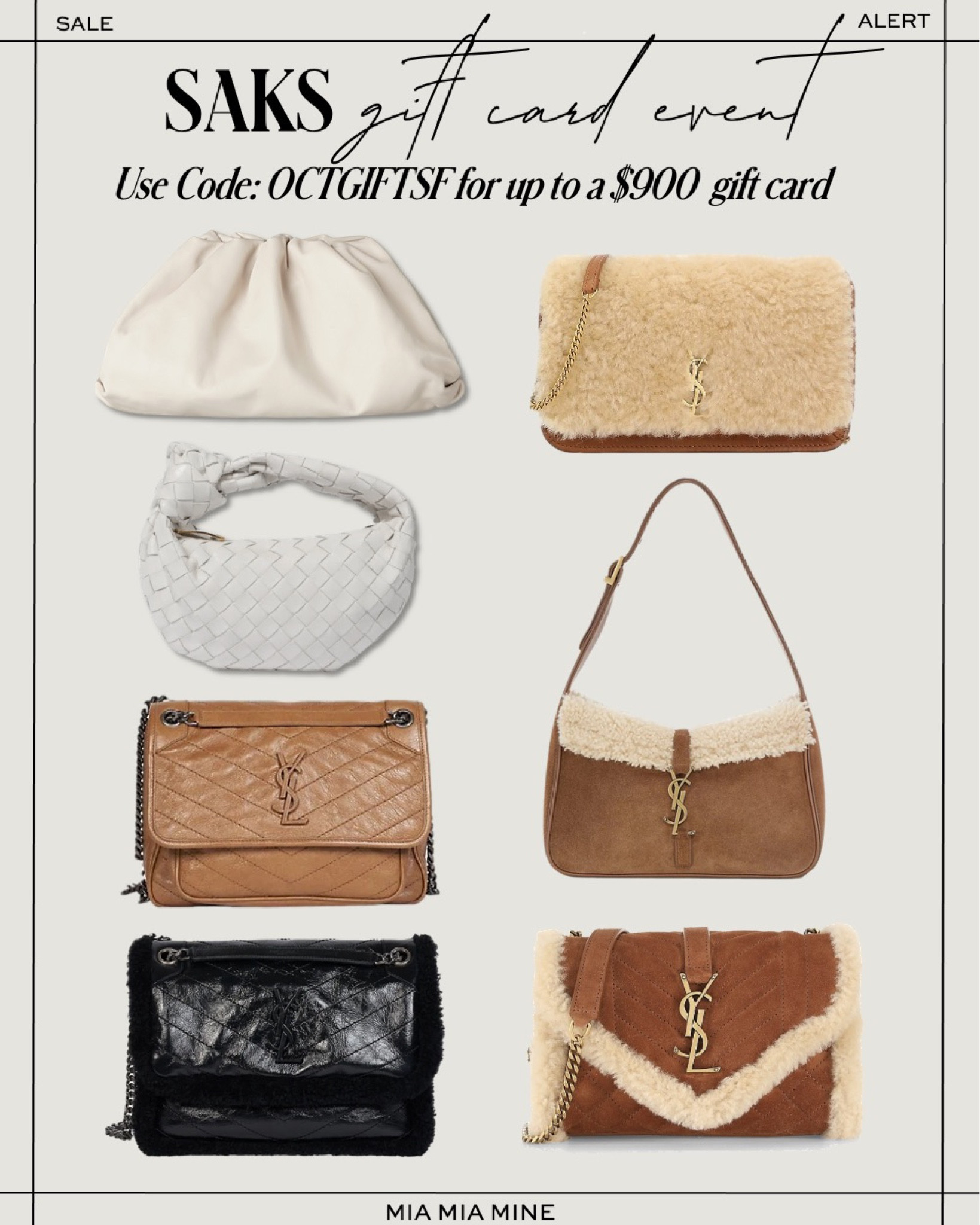 Saks gift card event - earn up to $900 on saint Laurent handbags and bottega Veneta bags 

#LTKsalealert #LTKitbag #LTKHoliday