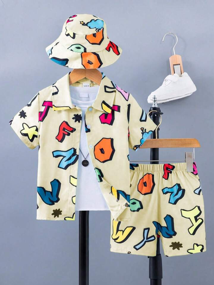 SHEIN Young Boy' Letter Pattern Short Sleeve Shirt And Shorts 2-Piece Set | SHEIN