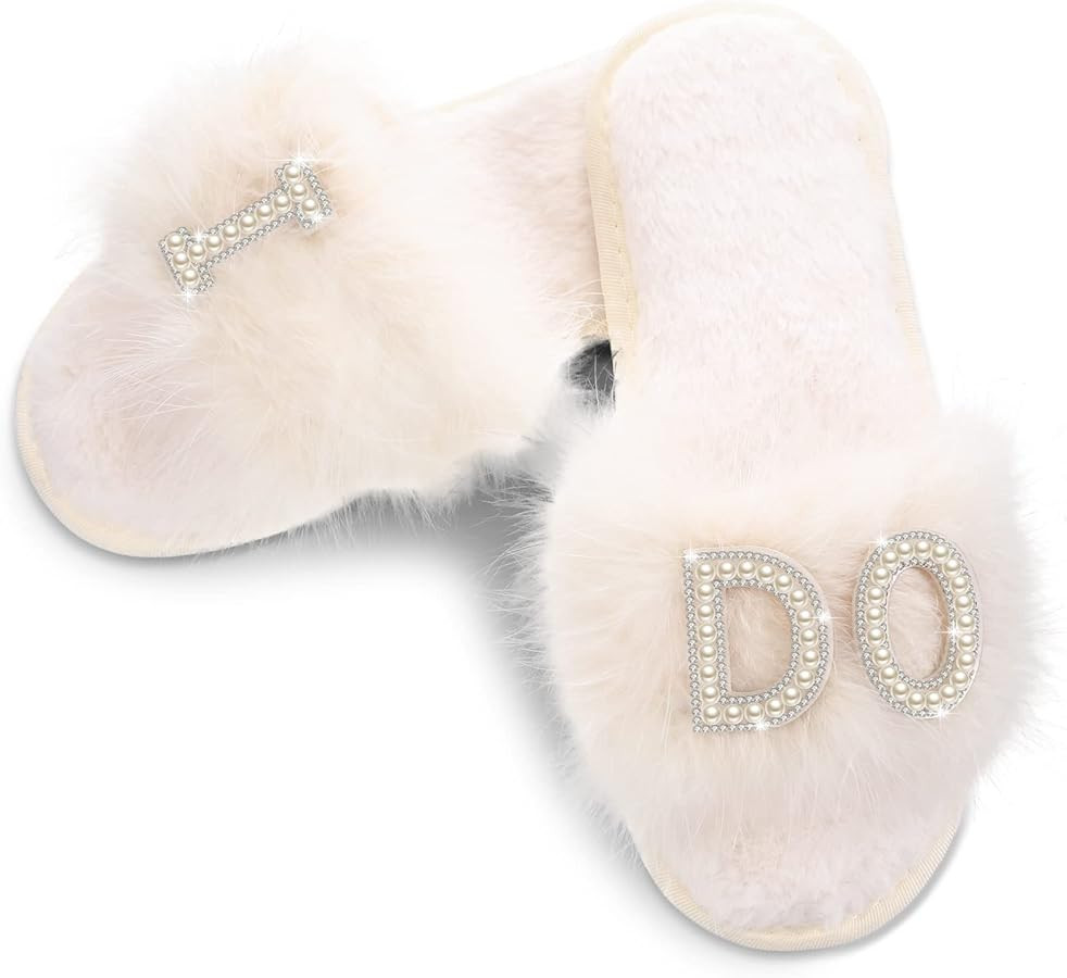 Newcotte Bride Slippers Women's I Do Bride Slippers for Wedding Day Wedding Slippers White Feathe... | Amazon (US)