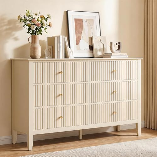 RoyalCraft Beige 6 Drawer Dresser, Fluted Modern Wood Chest of Drawers, Long Dresser for Bedroom TV Stand Storage Cabinet for Living Room | Amazon (US)