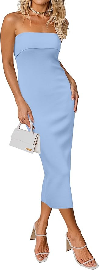 Arach&Cloz Women's Summer Mulberry Silk Blend Bodycon Strapless Back Slit Midi Dress Elegant Wedd... | Amazon (US)