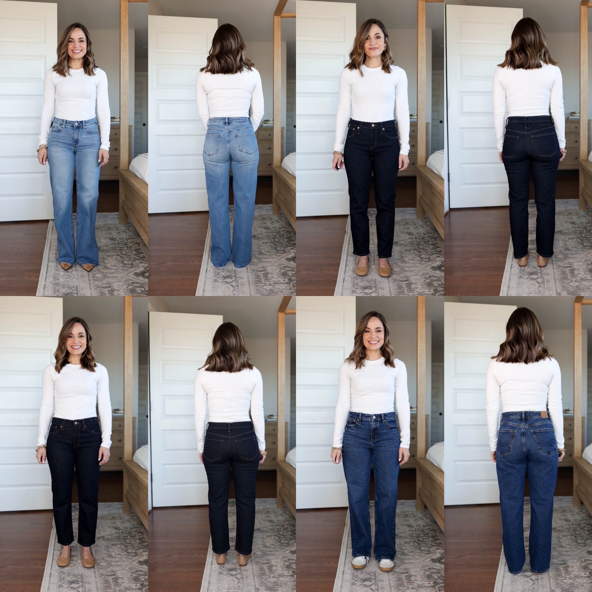 Non styled front and back photos of petite mid rise jeans 😁 they’re in order from top left to right (Luna jeans, Slim jeans, Jules jeans, stovepipe jeans). 

Quince Luna Straight Wide Leg 
24 - true to size 
94% organic cotton/ 5% Elastrell / 1% Lycra 
9” rise / 29.5” inseam / 8.5” leg opening - these shrink in the wash which helps with the long inseam. I’ve also linked the Luna Relaxed Straight which has a 28” inseam. 

J.Crew Slim Mid Rise 
Petite 24 - true to size 
94% cotton/ 4% polyester/2% elastane 
9” rise / 26” inseam/ 5 3/4” leg opening 

Madewell Jules Slim-Straight Jean 
Petite 24  - true to size 
98% cotton / 2% elastane 
9” rise/ 24.5” inseam / 6” leg opening 

AE Stovepipe 
00 short - relaxed fit, size down for a close fit
74% cotton/ 24% Lyocell / 2% elastane
9” rise / 27” inseam / 8” leg opening

* Measurements are taken from the size I’m wearing and may differ from the stated measurements on the brand sites. 

My measurements for reference: I’m 4’10” and 105lbs. My bust, waist, and hip measurement is 32”, 24”, and 36”.

#LTKPetite