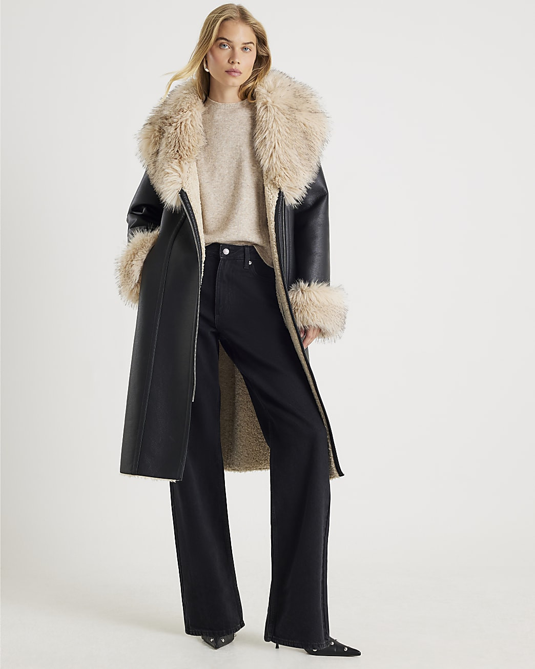 Black Faux Shearling Lined Trench Coat | River Island UK & IE