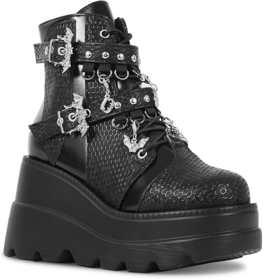 Goth Chunky Ankle Boots for Women - Bat Buckle DIY Platform,Zip Round Toe Lace Up Combat Bootie, Wedge Rave Boots Black Punk Shoes - Light Weight & Waterproof | Amazon (US)