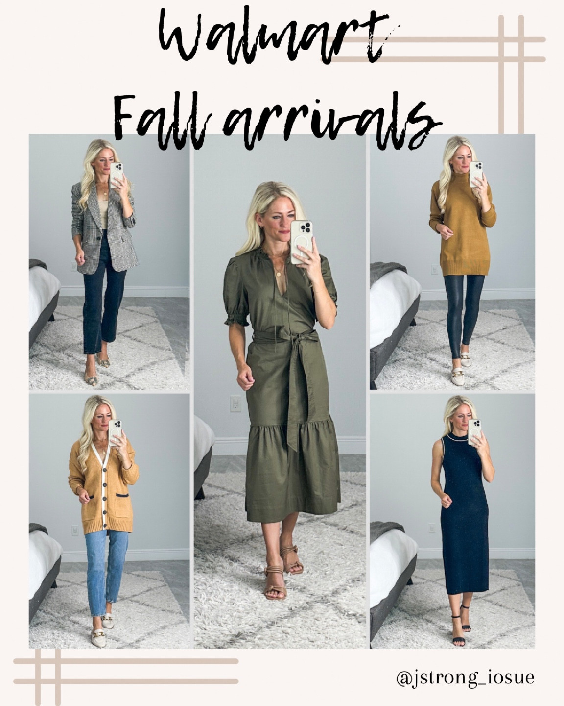Walmart new arrivals! Olive green dress has pockets. If you don’t like the neck tie strings you can easily cut them off. Blazer is lined and so so good! Good fit for petites too! Wearing with work pants or over a black dress too. Tunic turtleneck is lightweight sweater material, stretchy. Black dress with white piping detail is lightweight sweater material and stretchy. Oversized sweater has a navy blue detail on the pockets but I think you could still wear this sweater with black leggings. Wearing XS in everything! 