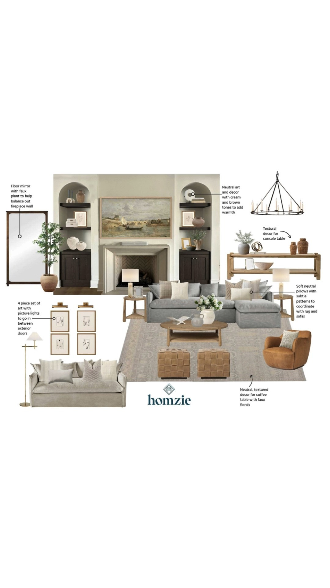 Neutral living room design featuring arched built in shelves, floor mirror, accent pillows, floor tree, faux stems, picture frames, decor, etc.

#LTKHome #LTKFinds #LTKFavorites #HomeStyleDaily 

 #LTKHome
