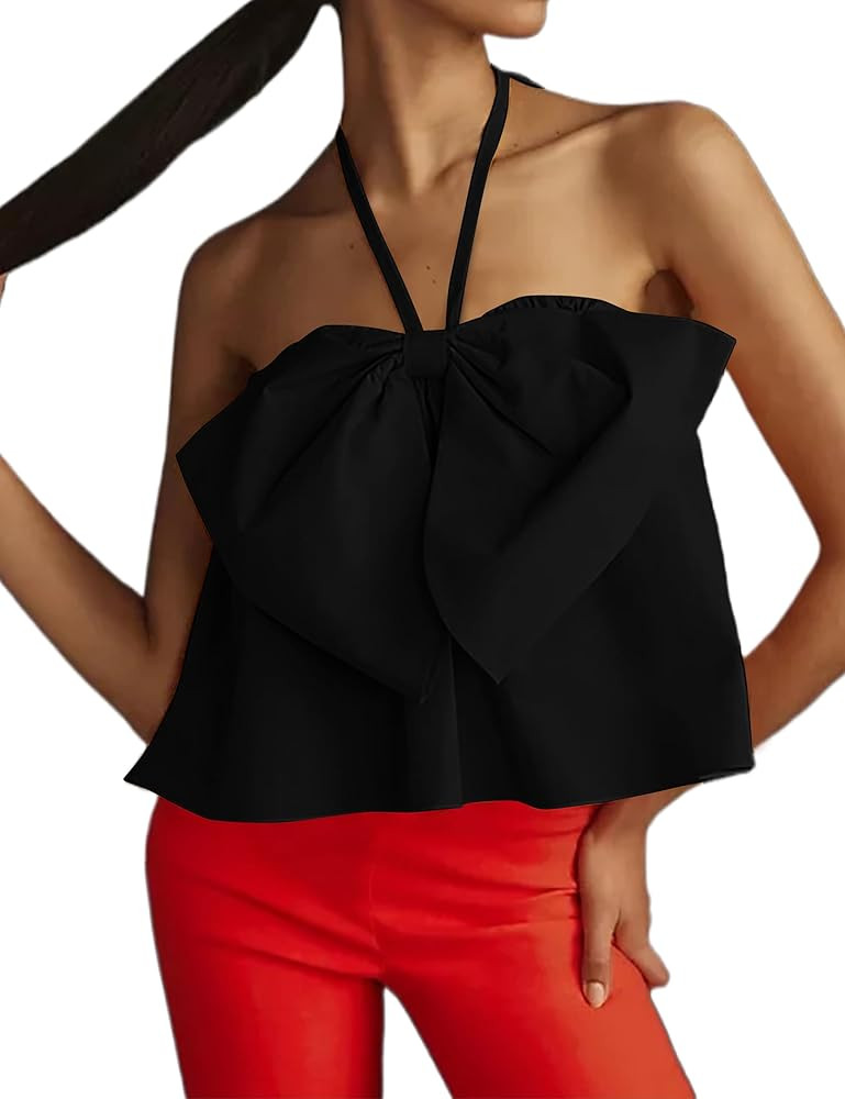 Meladyan Women’s Bow Knot Tie Back Halter Top Sleeveless Backless Pleated Tube Top Solid Loose ... | Amazon (US)