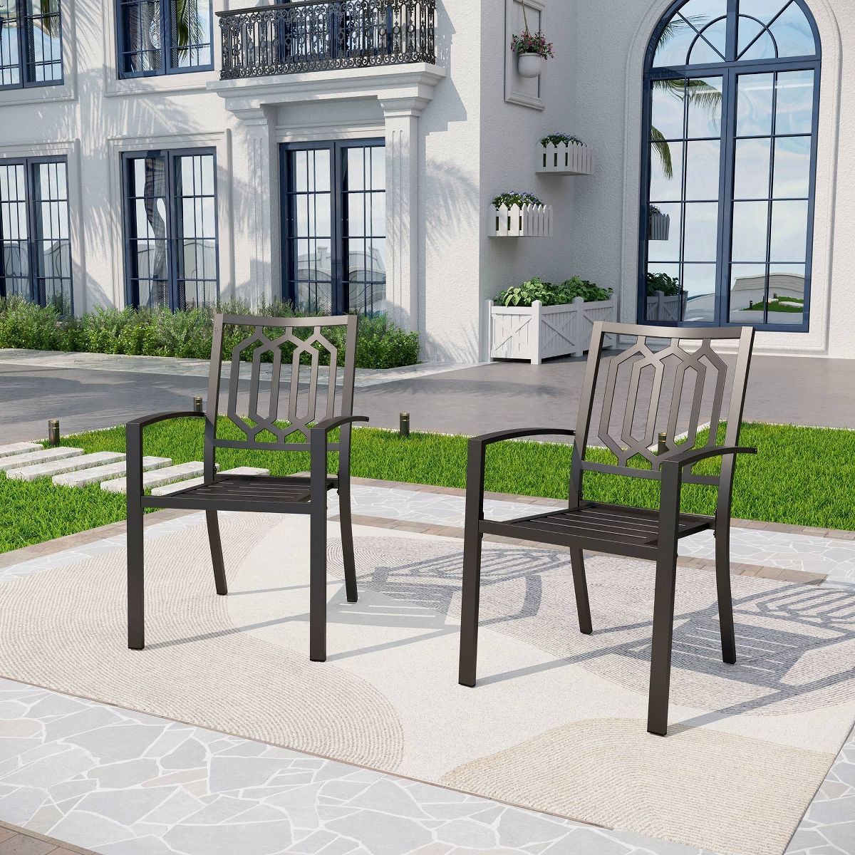 8pc Outdoor Dining Set with Metal Slat Top Table & Wrought Iron Chairs - Black/Beige - Captiva De... | Target