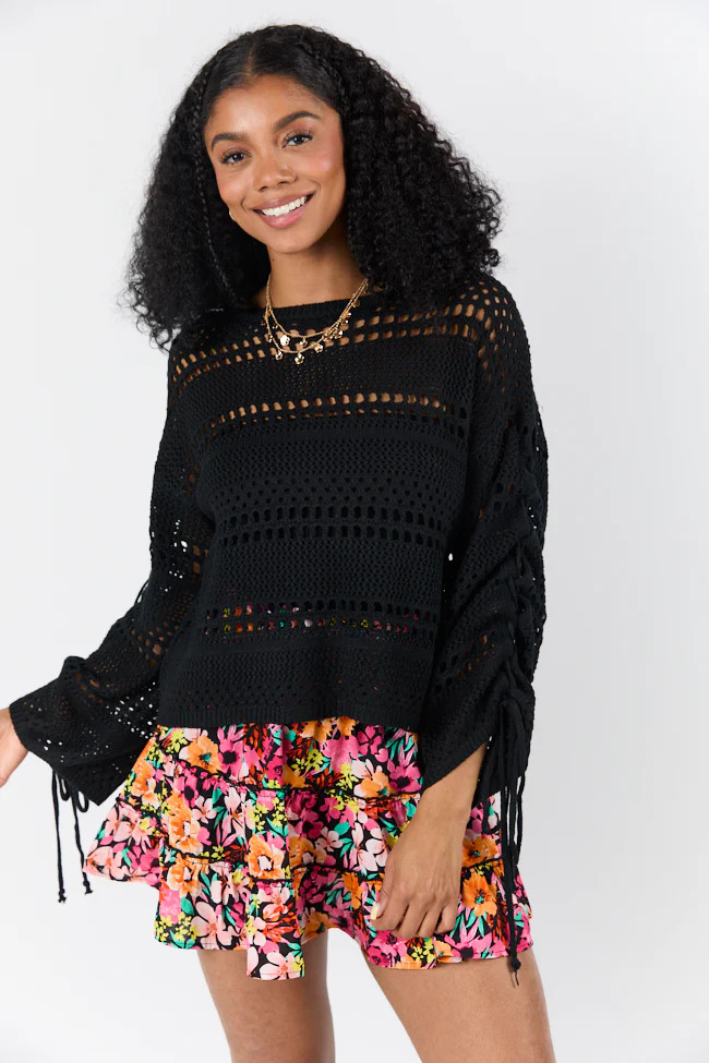 Easy Going Black Open Knit Boat Neck Sweater | Pink Lily