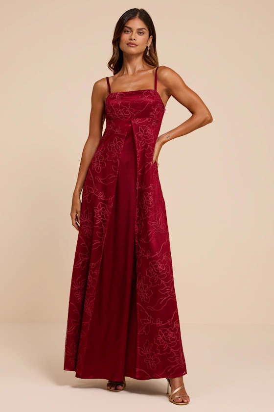 Mitzie Wine Red Embroidered Maxi Dress | Lulus