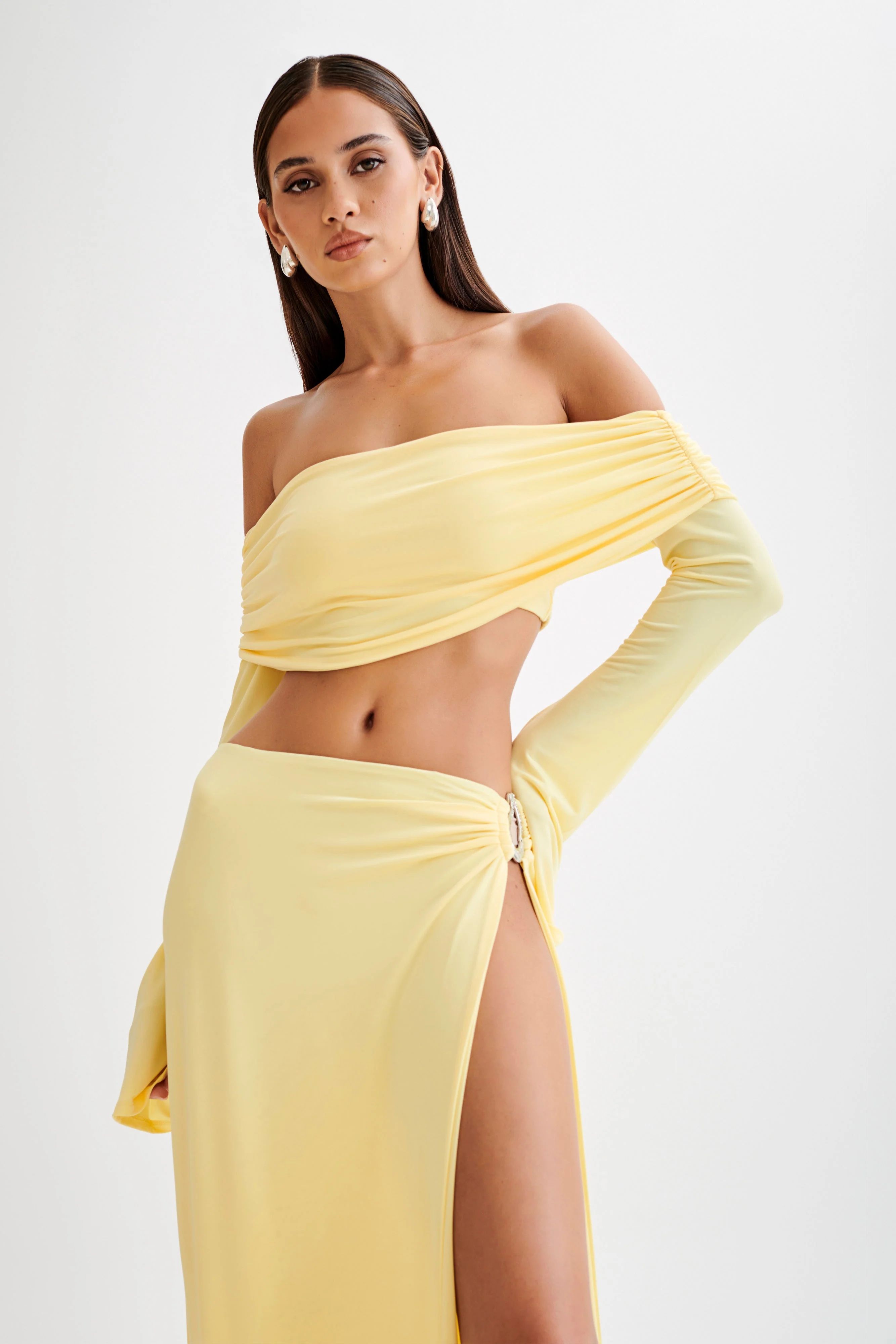 Camryn Slinky Off Shoulder Crop Top - Yellow | MESHKI US
