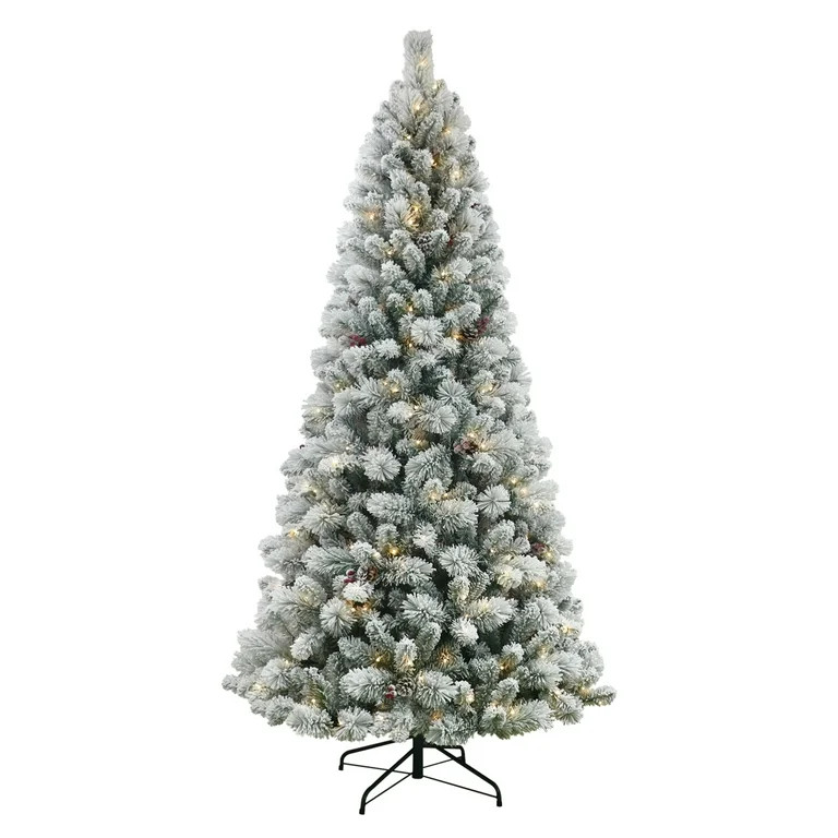7.5 ft Pre-Lit Flocked Lakewood Spruce Artificial Christmas Tree, Green, 300 LED, by Holiday Time | Walmart (US)