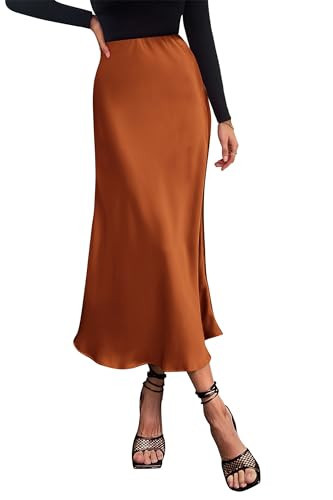PRETTYGARDEN Women's Satin Skirts Dressy Casual 2025 Fall High Waisted Cocktail Wedding Flowy Elegant A Line Midi Skirt (Rust Red,Small) | Amazon (US)