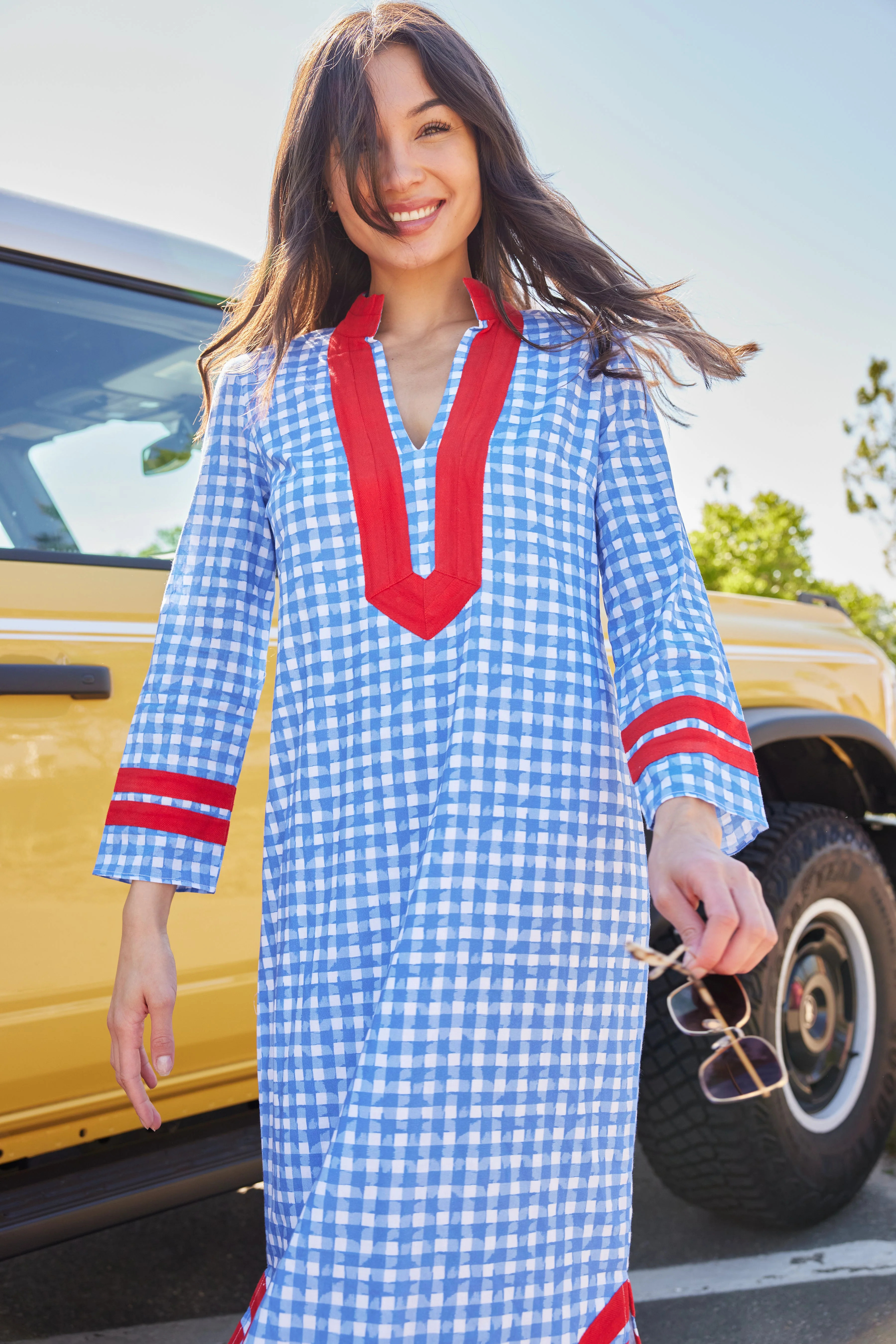 Coastal Blue Gingham Long Sleeve Classic Maxi Tunic | Sail to Sable