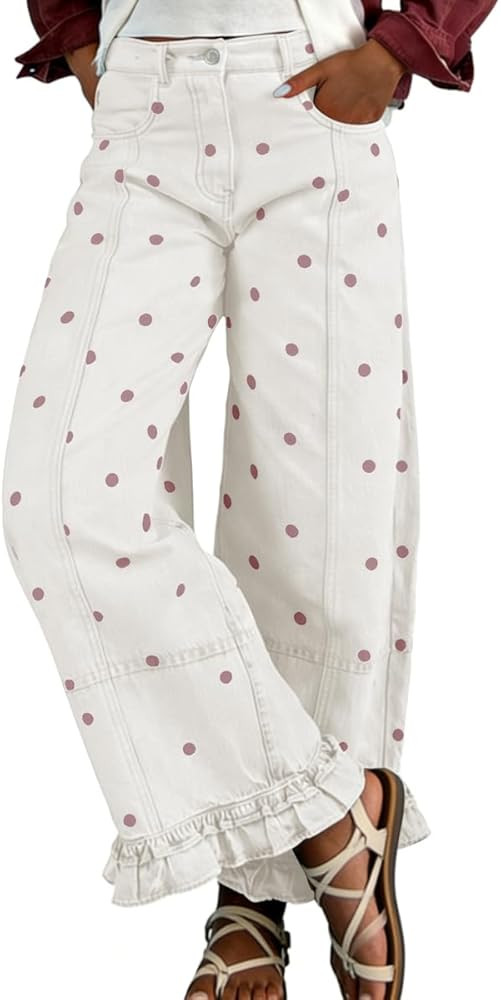 chouyatou Women's Cute Polka Dot Pattern Barrel Jeans Y2K Boyfriend Mid Rise Wide Leg Ruffled Den... | Amazon (US)