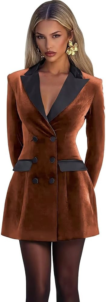 Velvet Blazer Dress for Women Double Breasted V Neck Bridesmaid Blazer Sexy Elegant Long Sleeve J... | Amazon (US)