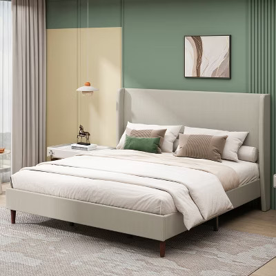 KTMBDW King Size Upholstered Platform Bed Frame, 51" High Headboard Carmen Wingback Bed, Fully Upholstered Mattress Foundation, No Box Spring Needed | Target