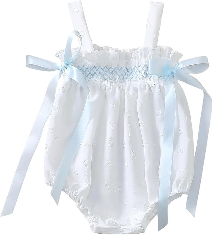 Honganda Newborn Baby Girl Summer Outfit Bow Ruffle Decor Smocked Bubble Romper Infant Baby Showe... | Amazon (US)