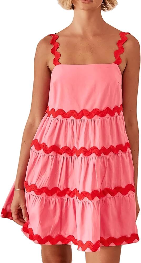 HBER Women's Spaghetti Strap Rickrack Mini Dresses Cute Sleeveless A Line Babydoll Dresses Beach ... | Amazon (US)