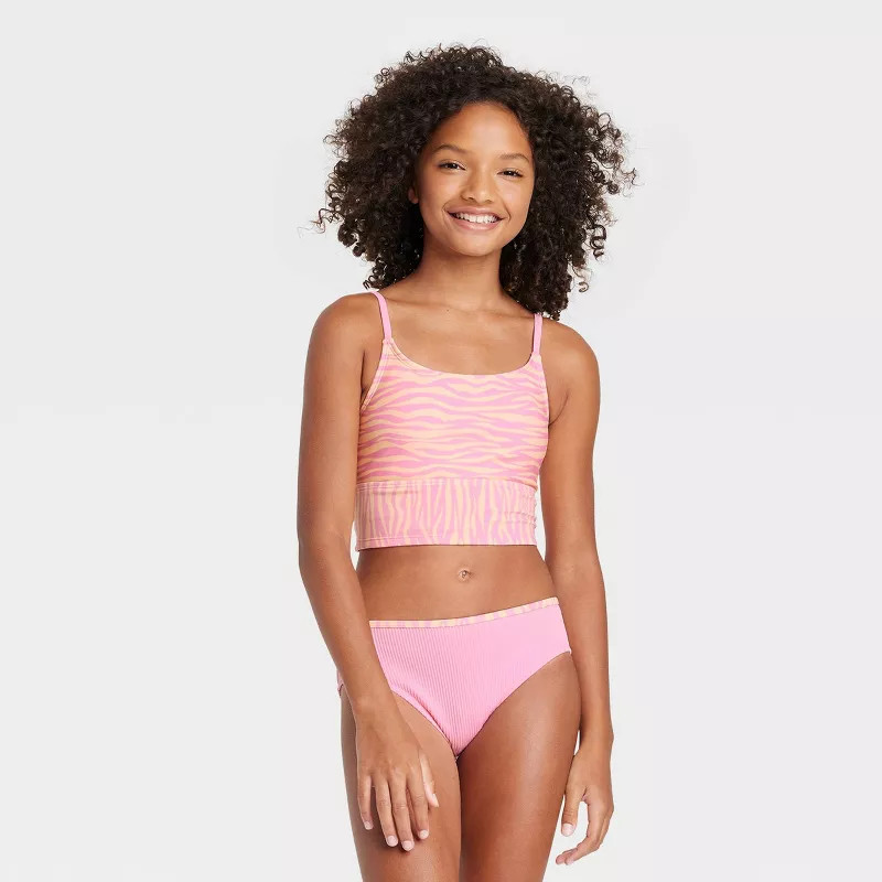 Girls' Zebra Ribbed Bottom Tankini Set - art class™ Light Pink | Target