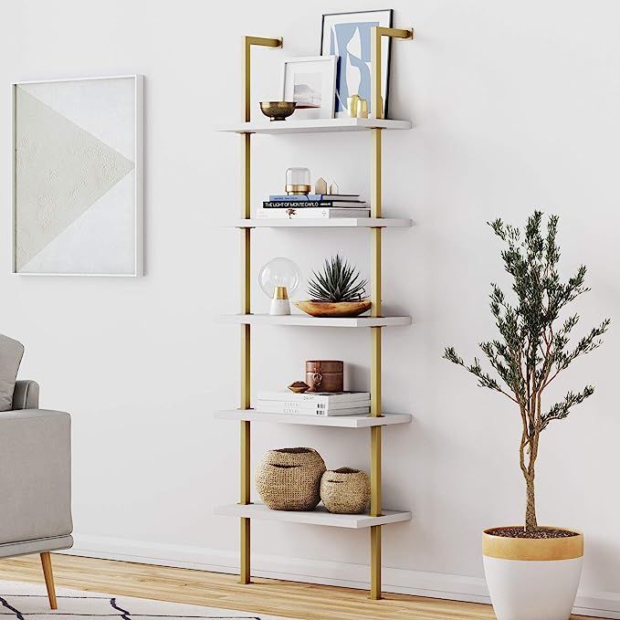 Nathan James Theo 5-Shelf Ladder Bookcase with Brass Metal Frame, White/Gold | Amazon (US)