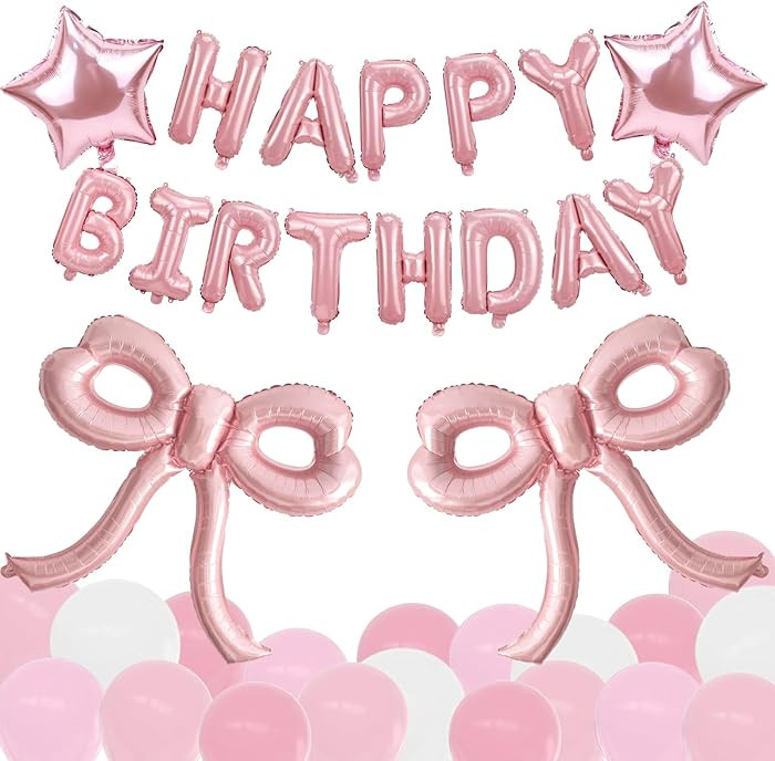 Bow Party Decorations Pink Happy Birthday Balloons Banner Pink Birthday Decorations Bow Balloons ... | Amazon (US)