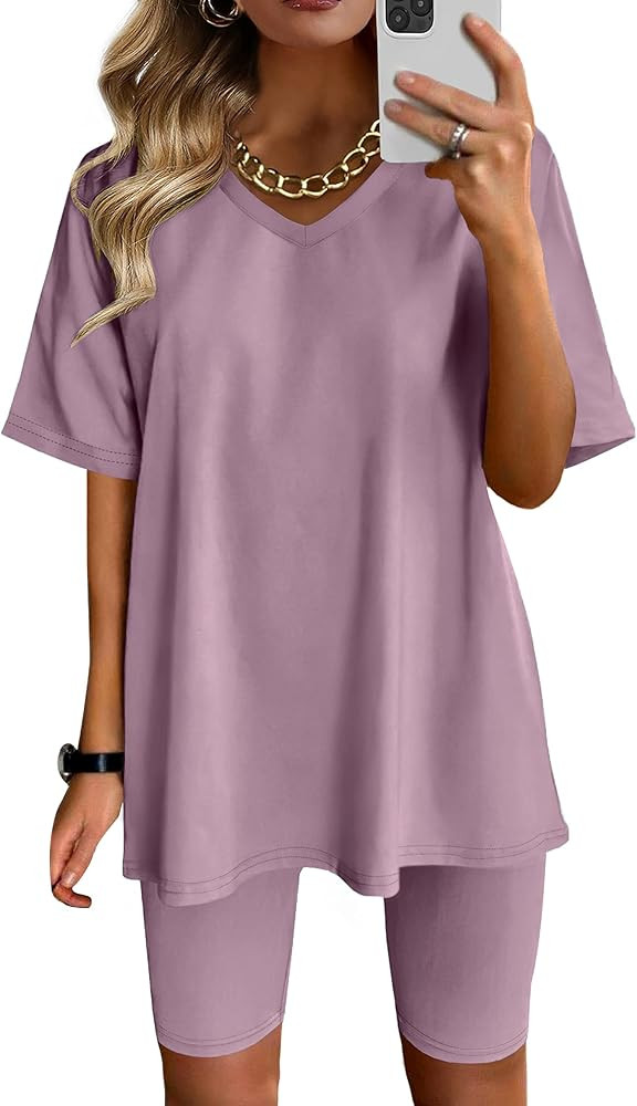 AGSEEM Two Piece Outfits For Women Summer V Neck T-Shirt Tops Biker Shorts Workout Sports Tracksu... | Amazon (US)
