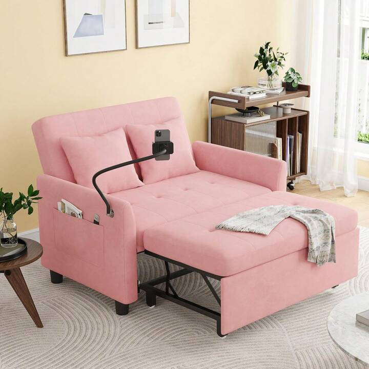Sleeper Sofa Bed, 3 In 1 Convertible Sleeper Couch Bed Pull Out, Small Loveseat Sofa, Futon Sofa Bed Full Size, 46" Velvet Love Seat With Pillow And Phone Holder For Living Room, Pink | SHEIN